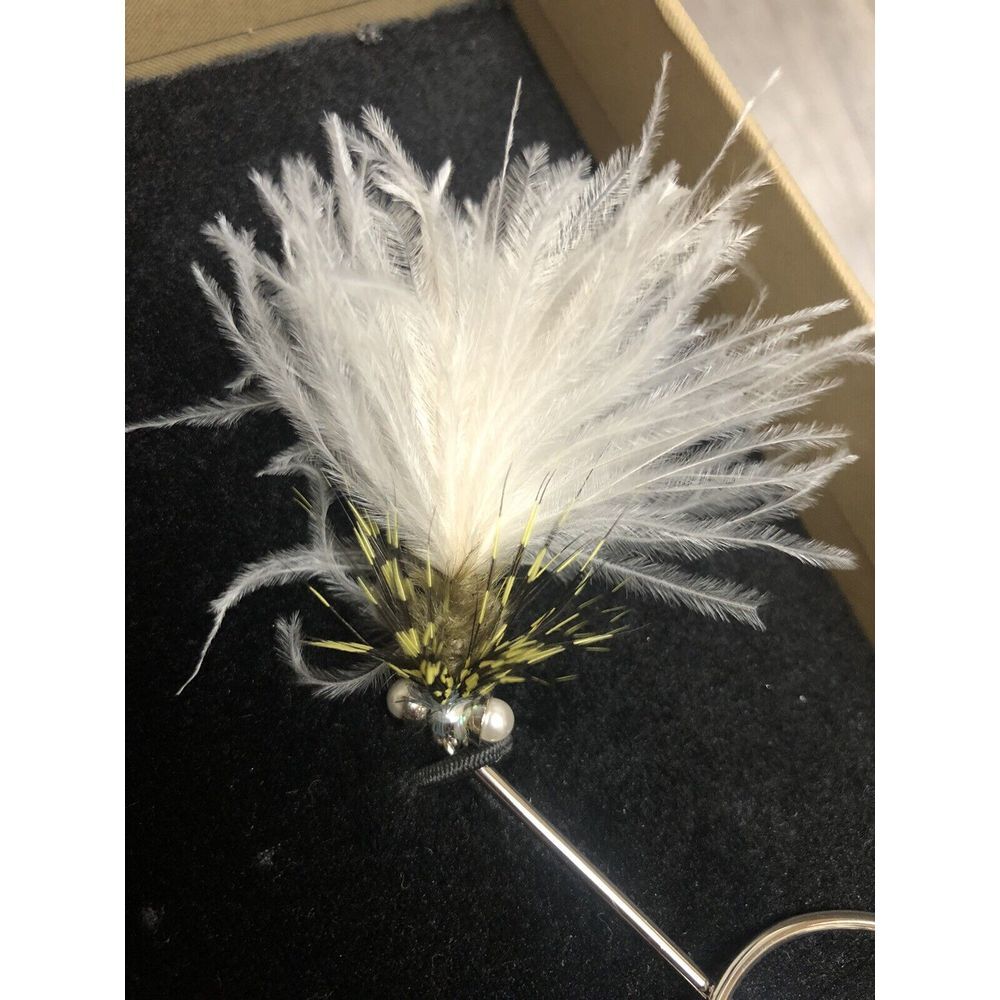 Burberry Asymmetrical Silver Tone Earrings Ostrich Feather Pearl Chain Drop NIB - Picture 10 of 15